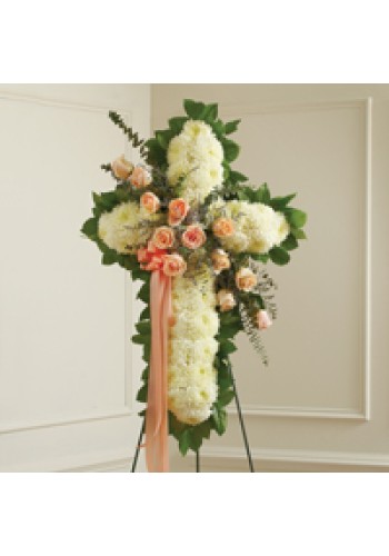 Peach, Orange andamp White Standing Cross with Peach Rose Break