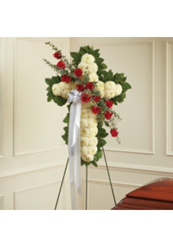 Red and White Standing Cross with Red Rose Break