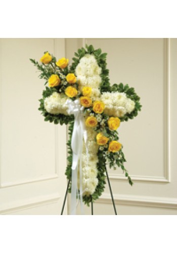 Yellow andamp White Stnading Cross with Yellow Rose Break