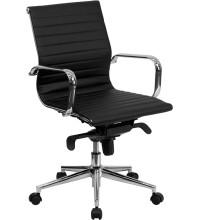 Mid-Back Black Ribbed Leather Conference Chair (MF-BT-9826M-BK-GG)