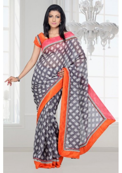 Printed Linen with silk border saree