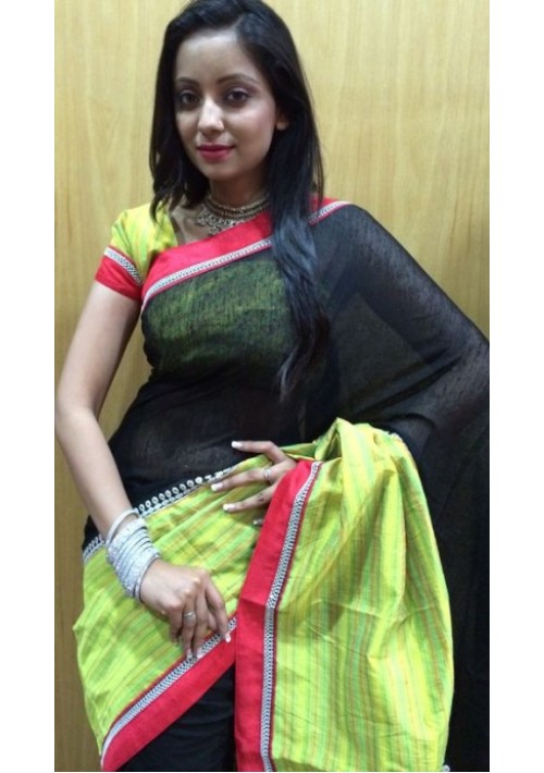 Raw linen Jute with Skirt Dupion border in multi stripes  & patch Patti with Embroidery