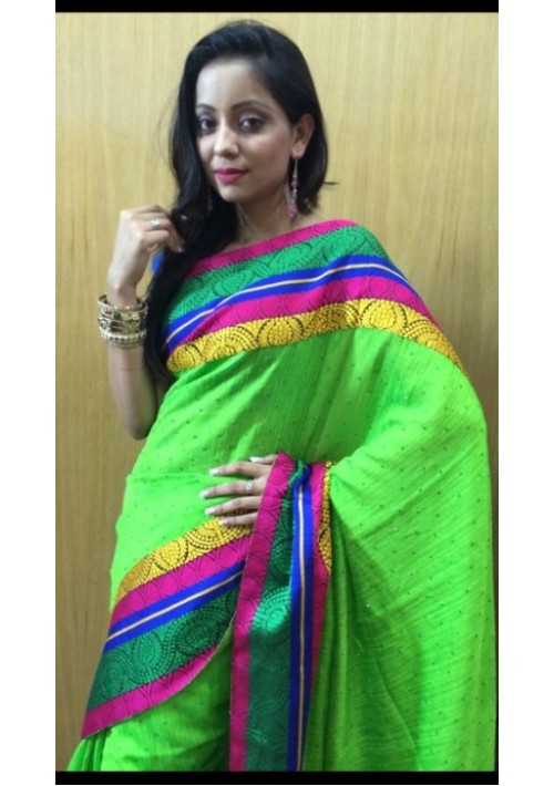 Raw linen Silk in Neon color with attached Multi Resham Border & crystals in all over body