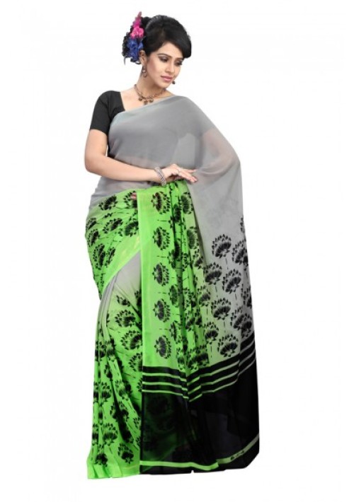 Georgette Shaded with Neon Contrast & Prints in Border & Pallu